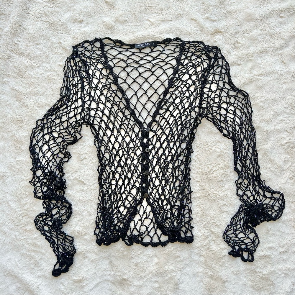 ❌SOLD❌ Nasty Gal Mesh Crochet Iridescent Beaded Cardigan